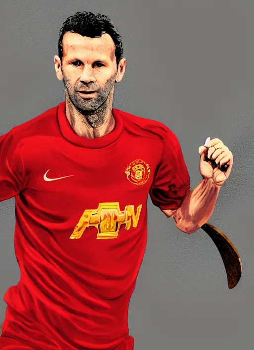 Prompt: close up of Ryan Giggs holding an axe, digital art