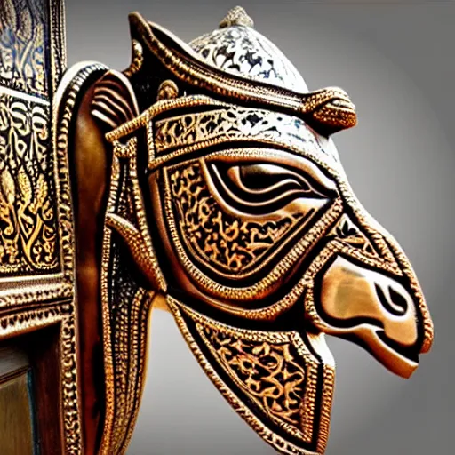 Image similar to gorgeous ornated bronze realistic detailed sacred camel wall decoration with filigree, islamic calligraphy