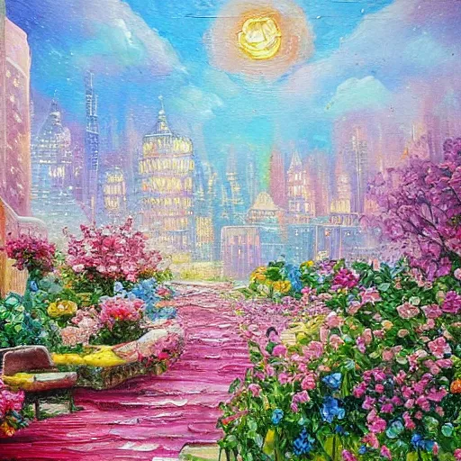 Image similar to A shimmering city made of translucent rose quartz shimmering in the sunlight, gardens with lots of flowers. Beautiful oil painting