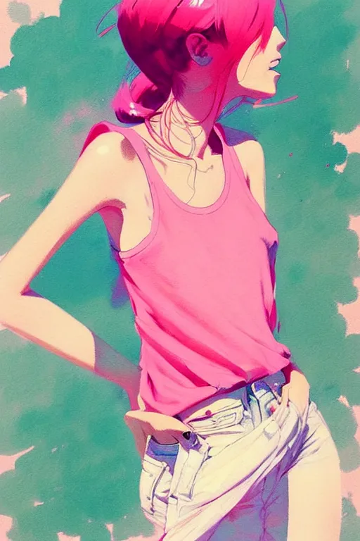 Image similar to a ultradetailed beautiful painting of a stylish woman in a pink tank top, by conrad roset, greg rutkowski and makoto shinkai trending on artstation