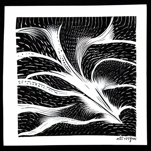 Image similar to high contrast black ink on white paper flame block print illustration