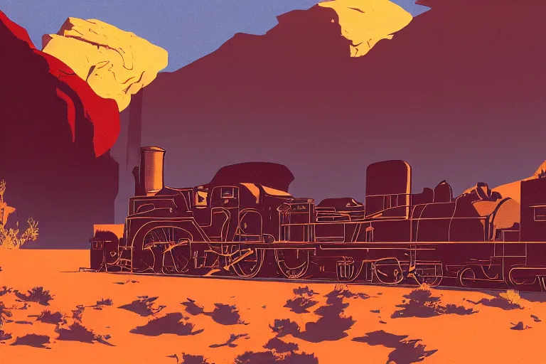 Prompt: idyllic old western train station illustration by syd mead, artstation, 4 k, graphic novel, concept art, matte painting, steam engine, beautiful mountain desert sunset background, golden hour