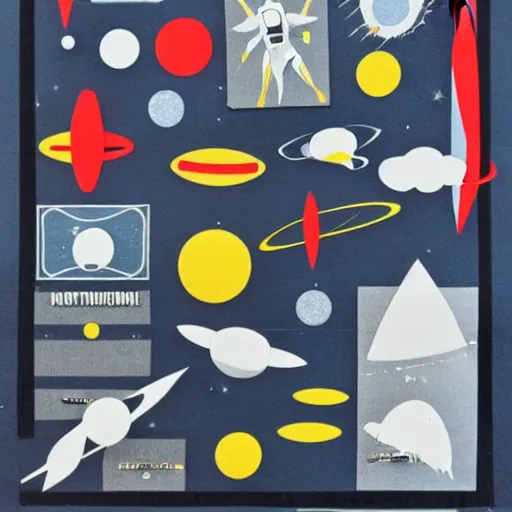 Image similar to A mid-century modern collage of Space Travel. Materials: random shapes cut from magazines, torn construction paper, glitter