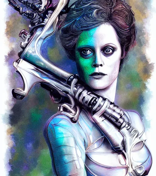 Image similar to beautiful female character inspired by venice carnival and pop art sigourney weaver ellen ripley | | digital artwork made by greg rutswork, anna dittmann and lois van barlee, symmetrical, anatomically correct