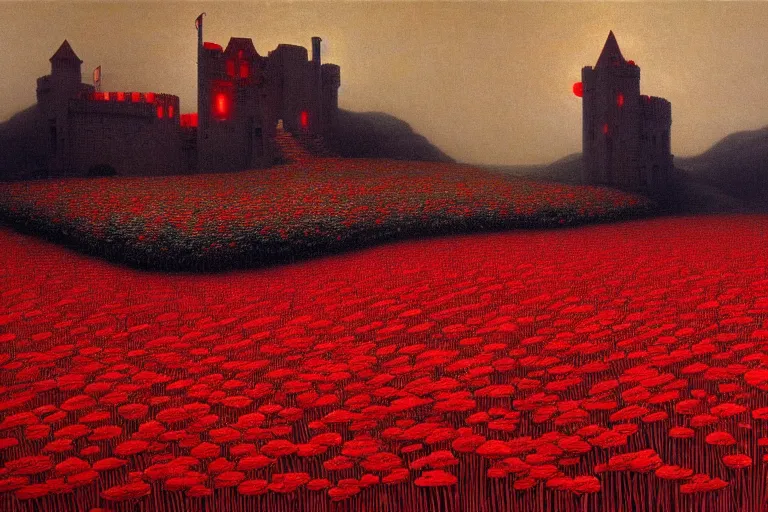 Image similar to only with red, red flowers of different types, a castle in the background, red orcs and trolls dance over the flowers, in the style of beksinski, part by hopper, part by rodcenko, part by hofbauer, intricate composition, red by caravaggio, insanely quality, highly detailed, masterpiece, red light, artstation