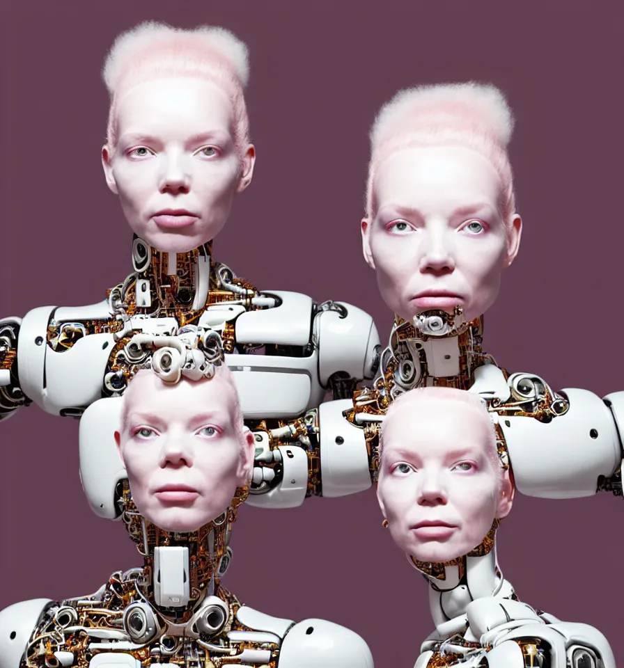 Image similar to portrait of a futuristic cyborg robot wearing a gold pipes fitted beauty mask and pink hair buns, wearing a black bodysuit by alexander mcqueen, cream white background, perfectly symmetric, soft diffused light, biotechnology, humanoid robot, hanging electrical cables and pipes, bjork aesthetic, translucent, by rineke dijkstra, intricate details, highly detailed, masterpiece,