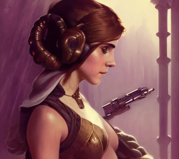 Image similar to photography of a sensual emma watson dressed like princess leia slave girl outfit star wars, deep focus, intricate, elegant, highly detailed, digital painting, artstation, concept art, matte, sharp focus, illustration, art by artgerm and greg rutkowski and alphonse mucha and gil elvgren