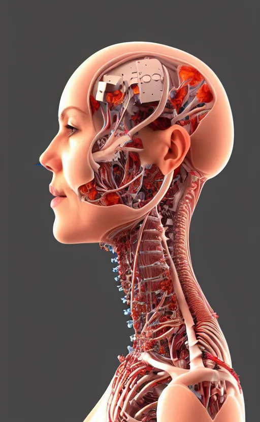 Image similar to 3D render of a beautiful profile face portrait of a female cyborg, 150 mm, flowers, Mandelbrot fractal, anatomical, flesh, facial muscles, wires, microchip, veins, arteries, full frame, microscopic, elegant, highly detailed, flesh ornate, elegant, high fashion, rim light, octane render in the style of H.R. Giger and Bouguereau