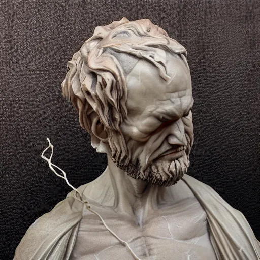 Image similar to dust holy saint demon cyclops sculpted on dark flow marble by antonio corradini