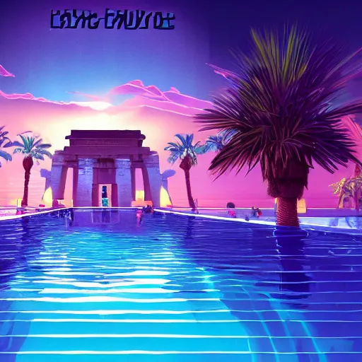 Image similar to a pool and ancient egyptian structure, epic retrowave art, trending on art station