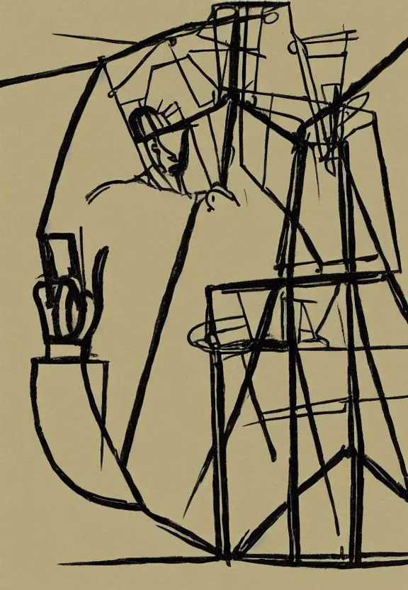 Image similar to a concept drawing of marcel duchamp holding up a chess - piece wire - machine, a surrealist painting by marcel duchamp, complex artificial - intelligence machinery, minimal sketch flow - chart, academic art, 1 9 2 0 s