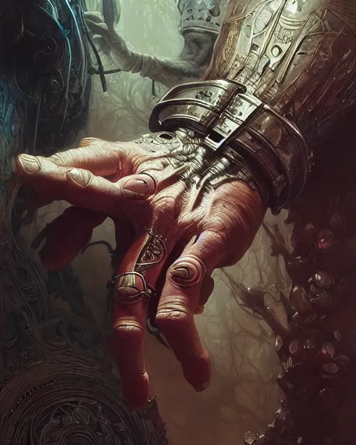 Image similar to human hand anatomy for artists fantasy character portrait, ultra realistic, cinematic, concept art, wide angle, intricate details, hologram, highly detailed by greg rutkowski, aaron horkey, gaston bussiere, craig mullins, simon bisley, arthur rackham