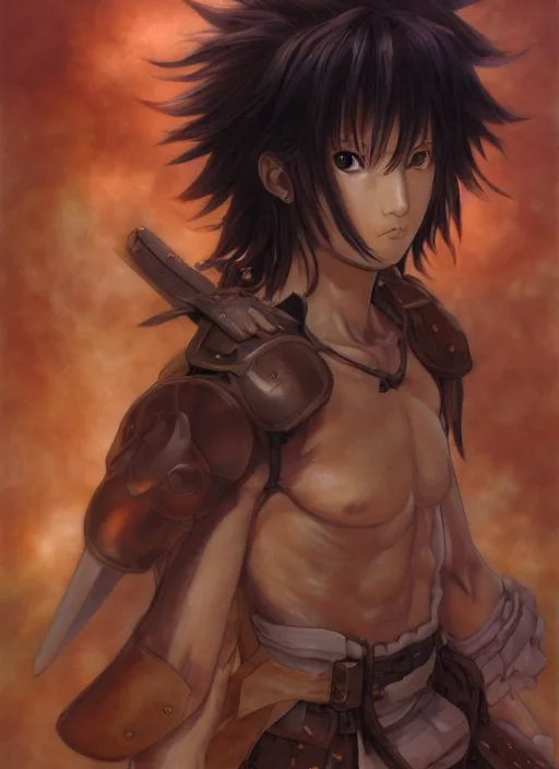Image similar to prompt : ragnarok online portrait soft light painted by james jean and katsuhiro otomo, inspired by akira anime, epic fantasy, a young long haired peasant boy with dark skin, brown skin, a dark complexation in plain fantasy clothing with intelligent eyes, intricate oil painting, high detail illustration, sharp high detail, manga and anime 1 9 9 9