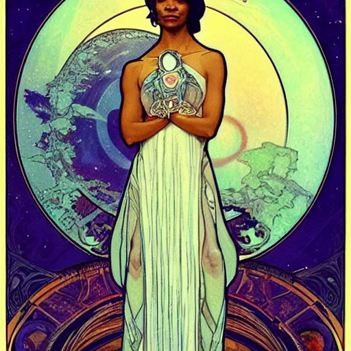 Image similar to zoe saldana portrait by louis - theophile hingre and alphonse mucha, realistic, sharp focus, zodiac signs, tarot cards, planets, ethereal, art nouveau, magic, moon, sun, crown, dreamy, royal, jewellery