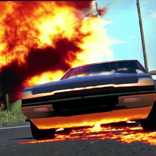 Image similar to an old car jumping over a fire, in game screenshot from need for speed ( 1 9 9 6 )