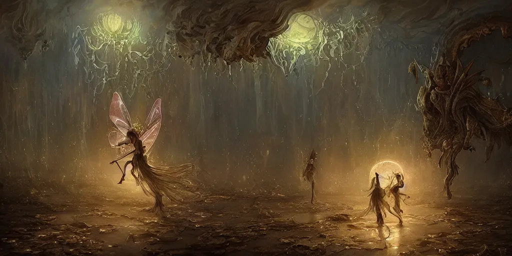 Image similar to concept art of translucent glowing fairies dancing, lovecraftian, renaissance, melting, round moon, rich clouds, fighting the horrors of the unknown, very detailed, volumetric light, mist, fine art, decaying, textured oil over canvas, epic fantasy art, very colorful, ornate intricate scales