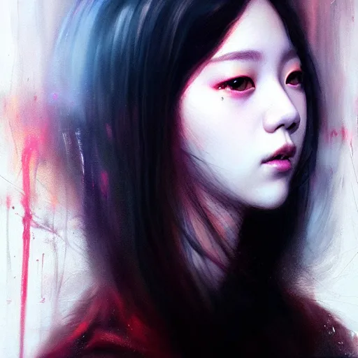 Image similar to jisoo of blackpink, hyperrealistic portrait, bladerunner street, by karol bak and agnes cecile, fantasy art, photo realistic, dynamic lighting, artstation, poster, volumetric lighting, very detailed face, 8 k, award winning