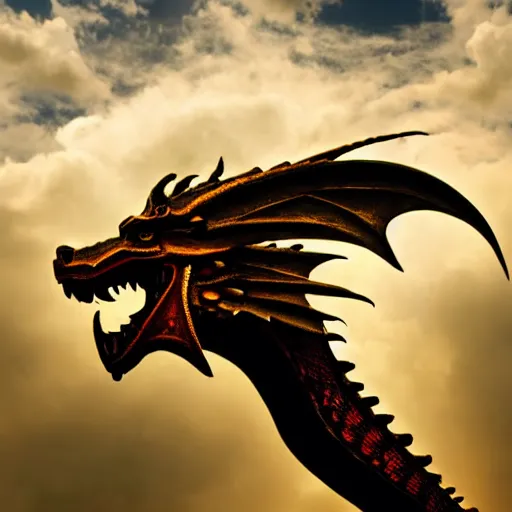 Image similar to legendary dragon made of clockwork, flying through the clouds, dramatic lighting, fantasy