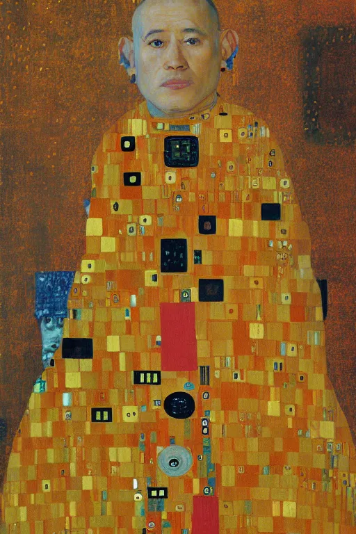 Prompt: robot monk painting a self - portrait on a canvas. intricate, highly detailed, photorealistic, film still, by gustav klimt.