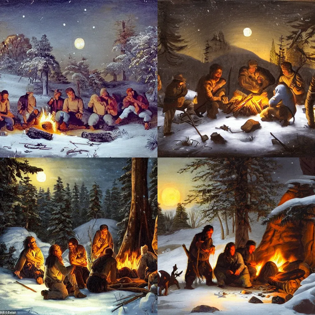 Prompt: prehistoric men huddled around a fire on a snowy night in the forest under moonlight, romantic academic painting, highly detailed