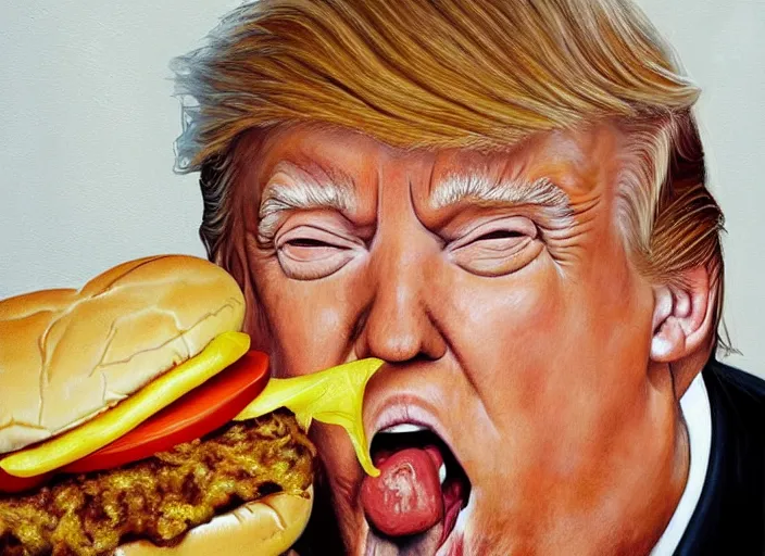 Image similar to realistic painting by jenny saville of!! donald trump!! licking a! cheeseburger!, art by jenny saville and tom bagshaw, detailed, sharp, smooth,! hamburger!