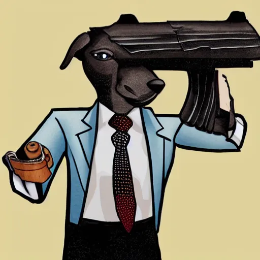 Image similar to a dog in a man's body wearing a business suit and pointing a gun, Digital art