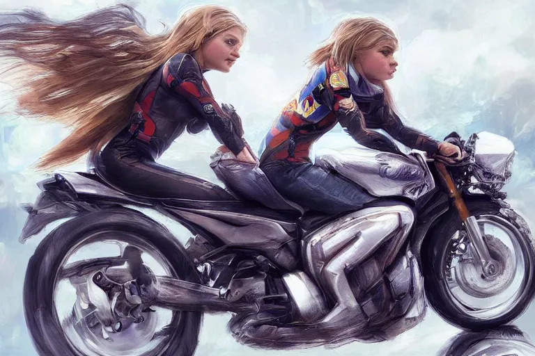 Image similar to chloe grace moretz is riding a motorbike, digital painting, artstation, the space background, concept art, by artgerm hyperdetailed trending on artstation trending on deviantart