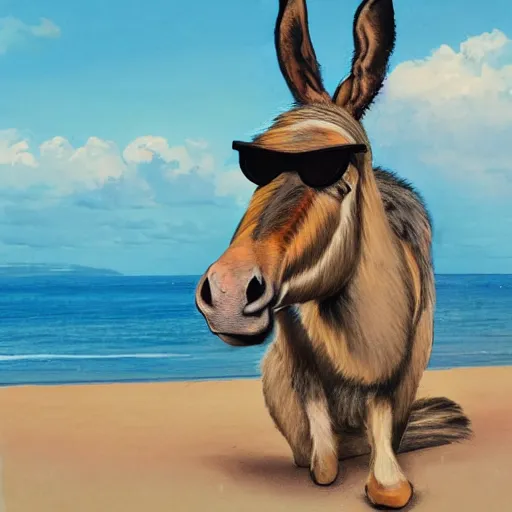 Prompt: donkey (wearing sunglasses) seated on the sand, tropical