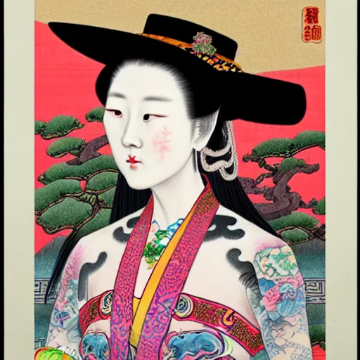 Image similar to full view, from a distance, of princess from the qing dynasty with tattoos, wearing a cowboy hat, style of yoshii chie and hikari shimoda and martine johanna, highly detailed