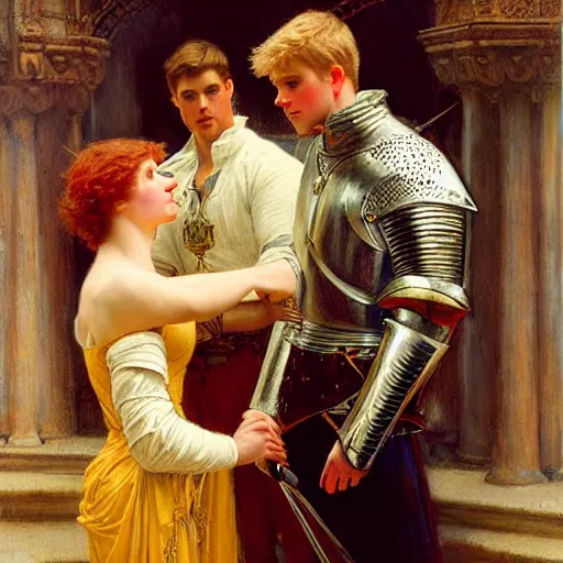 Image similar to attractive fully clothed arthur pendragon confesses his love for his attractive fully clothed male knight. highly detailed painting by gaston bussiere and j. c. leyendecker 8 k