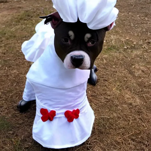 Image similar to a pit bull wearing a maid costume