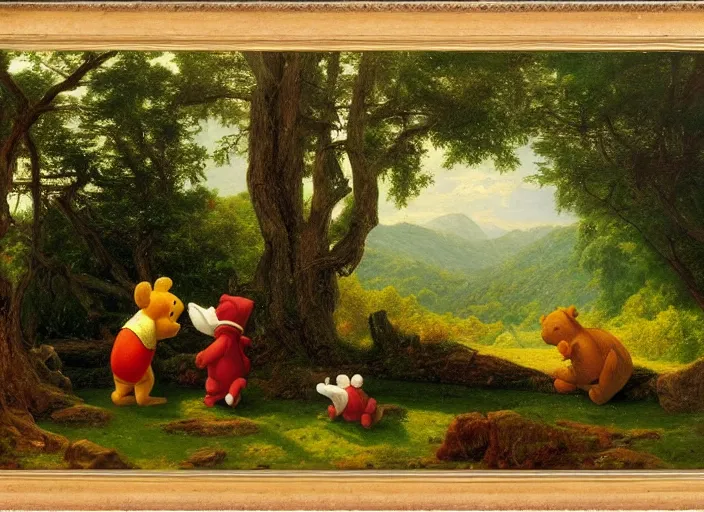 Prompt: american realist romanticism landscape painting of winnie the pooh characters in the style of hudson river school and thomas cole and albert bierstadt and robert duncanson