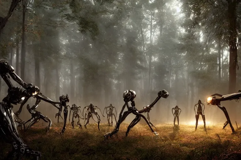 Image similar to 1 0 0 0 0 humanoid robots fighting in the forest, hyper realistic, ambient lighting, concept art, intricate, hyper detailed, smooth, dynamic volumetric lighting, octane, raytrace, cinematic, high quality, high resolution, 4 k, cgsociety, rutkowski, gurney, h. r. giger, cylon