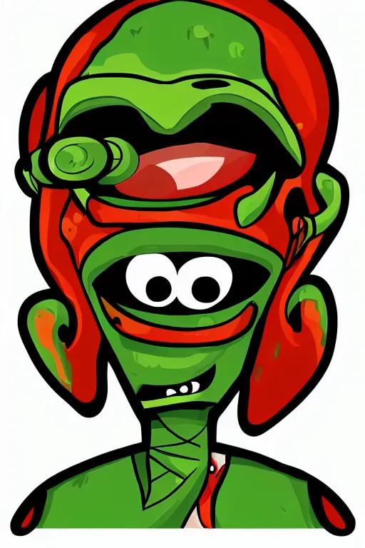 Prompt: rockstar alien, art by brian miller, sticker, colorful, illustration, highly detailed, simple, smooth and clean vector curves, no jagged lines, vector art, smooth