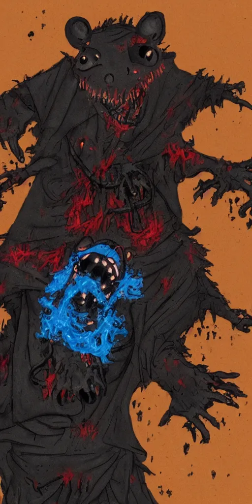 Image similar to an undead rat with rotted face and glowing red eyes wearing black tattered robes and holding two blue flames