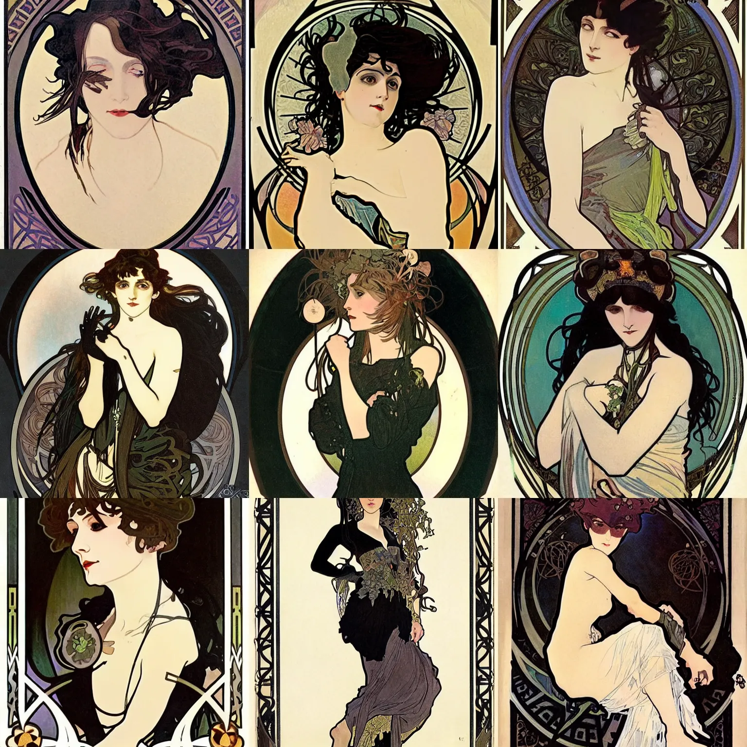 Prompt: A goth painted by Alphonse Mucha. Her hair is dark brown and cut into a short, messy pixie cut. She has a slightly rounded face, with a pointed chin, large entirely-black eyes, and a small nose. She is wearing a black tank top, a black leather jacket, a black knee-length skirt, a black choker, and black leather boots.