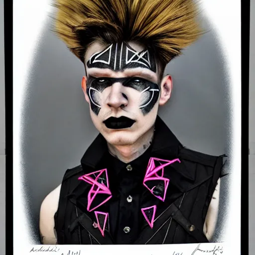 Image similar to an award finning and amazing portrait by akseli kallen gallela and john howe of a male cyberpunk punk rocker clothed in excessively fashionable 8 0 s haute couture fashion and wearing geometric face paint