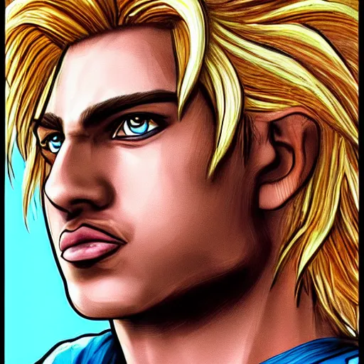 Image similar to photorealistic depiction of alexander the great, with blonde goku hair, style is realistic, colorful, real life