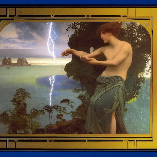 Image similar to The maze, refracted sparkles, thunderstorm, greek pool, beach and Tropical vegetation on the background major arcana sky, by paul delaroche, alphonse mucha and arnold böcklin, hyperrealistic symmetrical 8k, award-winning, very very very detailed