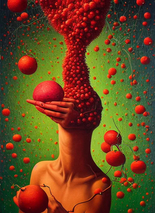 Prompt: hyper detailed Oil painting - I Eat of the Strangling Fruit and My gossamer polyp blossoms bring iridescent fungal flowers whose spores black the foolish stars by Jacek Yerka, Mariusz Lewandowski, Abstract brush strokes, Masterpiece, Edward Hopper and James Gilleard, Zdzislaw Beksinski, Mark Ryden, Wolfgang Lettl, hints of Yayoi Kasuma