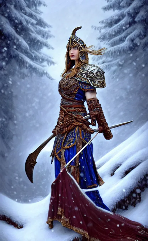 Image similar to lapis lazuli viking warrior, regal, elegant, winter, snow, beautiful, stunning, hd, illustration, epic, d & d, fantasy, intricate, elegant, highly detailed, wide angle, digital painting, artstation, concept art, smooth, sharp focus, illustration, wallpaper, art by artgerm and greg rutkowski and alphonse mucha and jin xiaodi