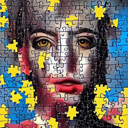 Prompt: A surreal oil painting of puzzle of a portrait of a beautiful woman with scattered puzzle pieces by Salvador Dali, dark vibes, high contrast