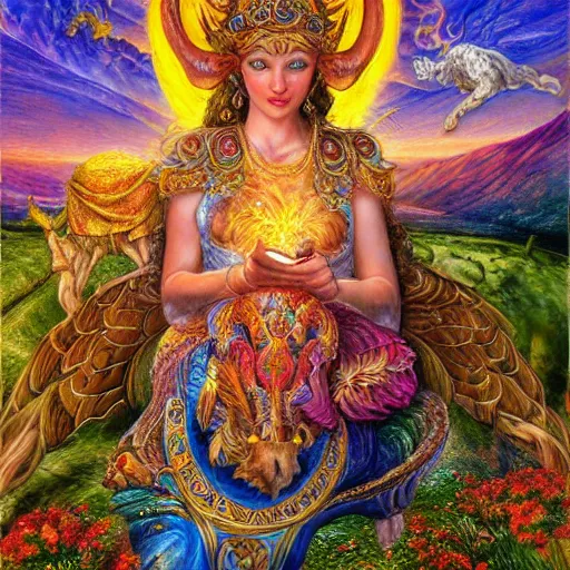 Image similar to goddess by josephine wall, goddess riding ram, flying ram, golden ram, goddess checking her phone, erupting volcano in distance, flowers in foreground, sun setting on right side of image, stars in sky on left side of image, trending on artstation, fantasy, intricately detailed