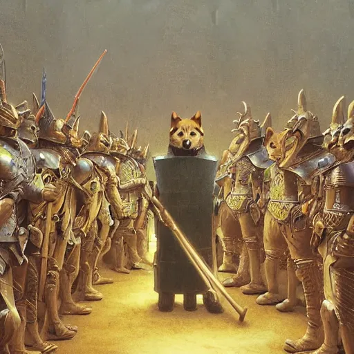 Image similar to anthropomorphic shiba inu is, army of knights wearing armor, anthropomorphic shiba inu medieval banquet, stuning fantasy 3 d render, masterpiece, glowing aura, by donato giancola and greg rutkowski and wayne barlow and zdzisław beksinski, realistic face