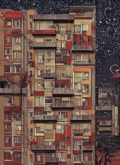 Prompt: small soviet apartment building stands at russian suburbs, full frame, art by by victo ngai by james jean, by rossdraws, frank franzzeta