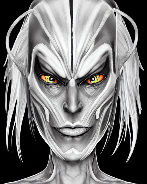 Prompt: a painting head and shoulders portrait of a villainous female Nordic alien of pure evil, made in tones of white and grey, holding a sharp weapon, insanely detailed, loony toons style, digital art, trending on artstation, isometric views, 8k