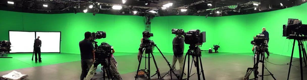 Image similar to photo of a movie set with a big bright green screen, small group of film crew, small group of actors, a few cameras, studio, movie set, realistic, studio lighting