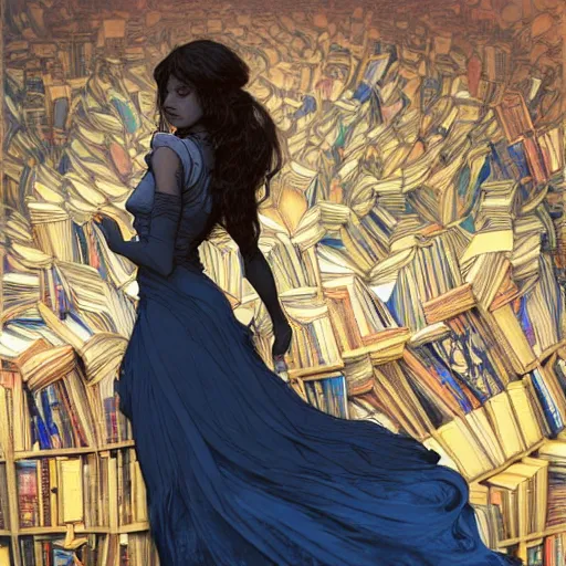 Image similar to A girl in a blue dress standing over a pile of books with golden locks down her back and a black cat at her feet, face, fantasy, intricate, elegant, highly detailed, digital painting, artstation, concept art, smooth, sharp focus, illustration, art by Krenz Cushart and Artem Demura and alphonse mucha