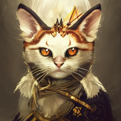 Image similar to A heraldic prince kitty cat with big cute eyes, D&D, fantasy, intricate, cinematic lighting, highly detailed, digital painting, artstation, concept art, smooth, sharp focus, illustration, art by Akihiko Yoshida, Greg Rutkowski and Alphonse Mucha