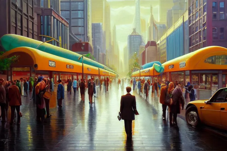 Image similar to ( ( a beautiful 8 k photorealistic masterpiece oil painting ) ( of ( utopia of a society where people are happy to go to work ) ) ( hyperrealism ) ( 1 6 k ) ( trending on artstation )